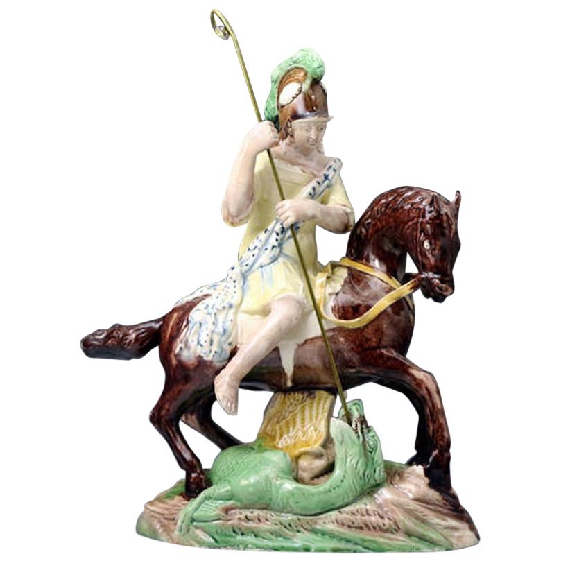 Saint George Slaying the Dragon Staffordshire Pottery Figure, Late 18th Century