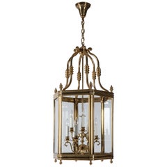 Large Antique Georgian Polished Brass Lantern with Clear Glass Panels circa 1950