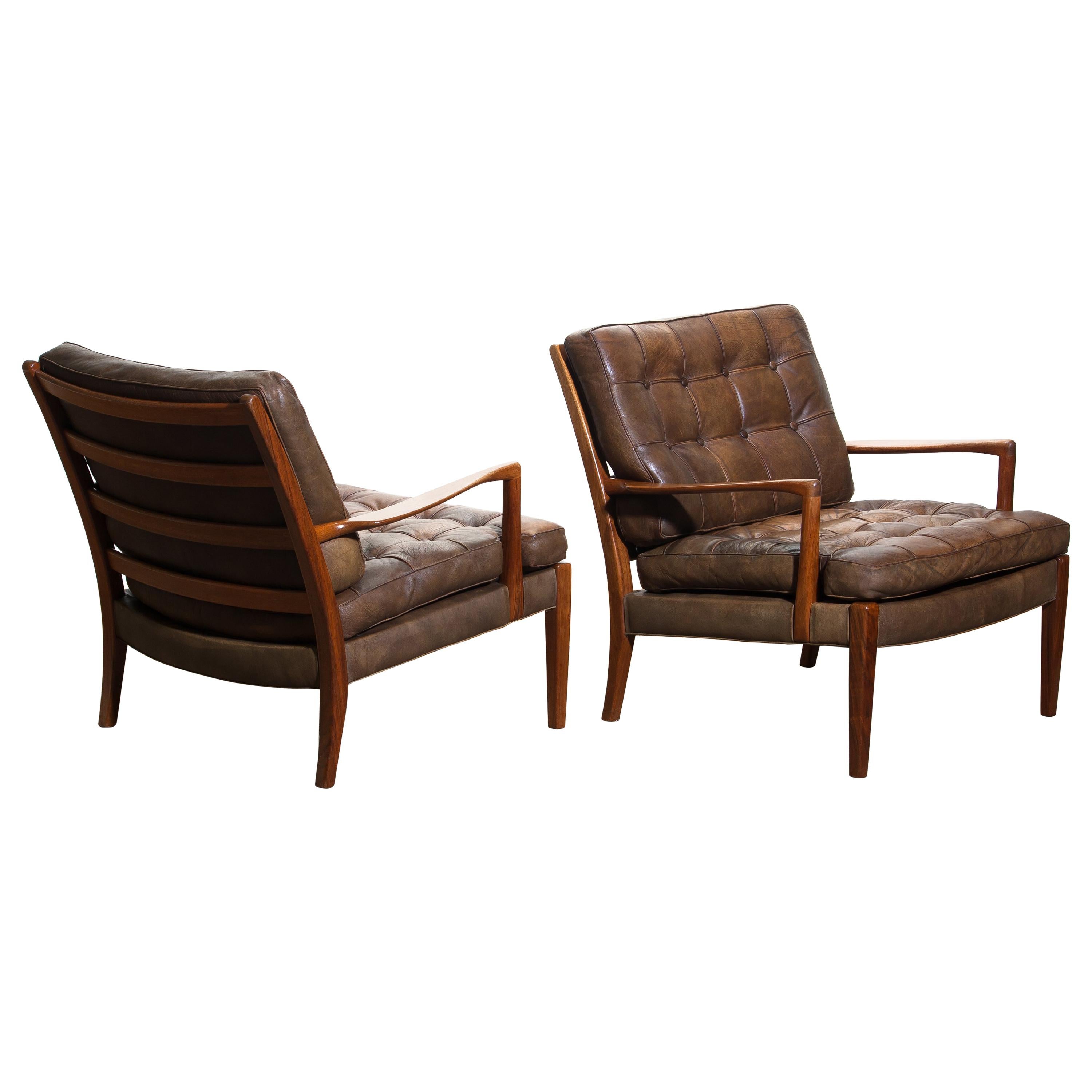 Pair of Leather Easy or Lounge Chairs Model "Loven" by Arne Norell Ab, Sweden