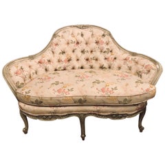 Antique Louis XV Style Paint Decorated Settee / Loveseat Tufted in a Swedish Fashion