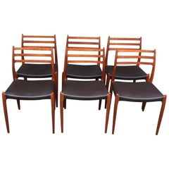 Set of 6 Niels Otto Moller Model 62 in Teak and Brown Leather, circa 1960