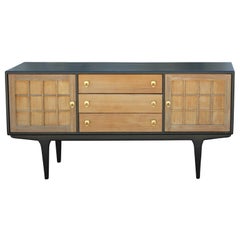Modern Two-Tone Black and Natural Credenza / Sideboard Brass Handles