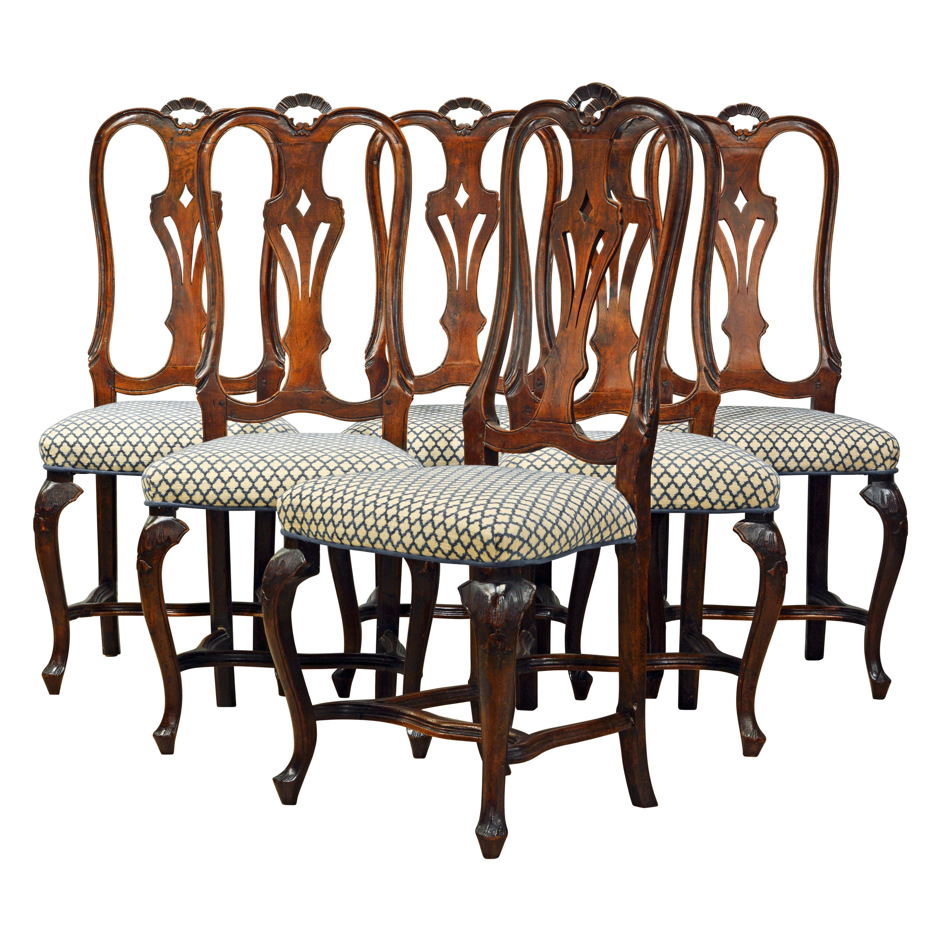 Six 18th Century Italian Provincial Louis XV Style Carved Walnut Dining Chairs