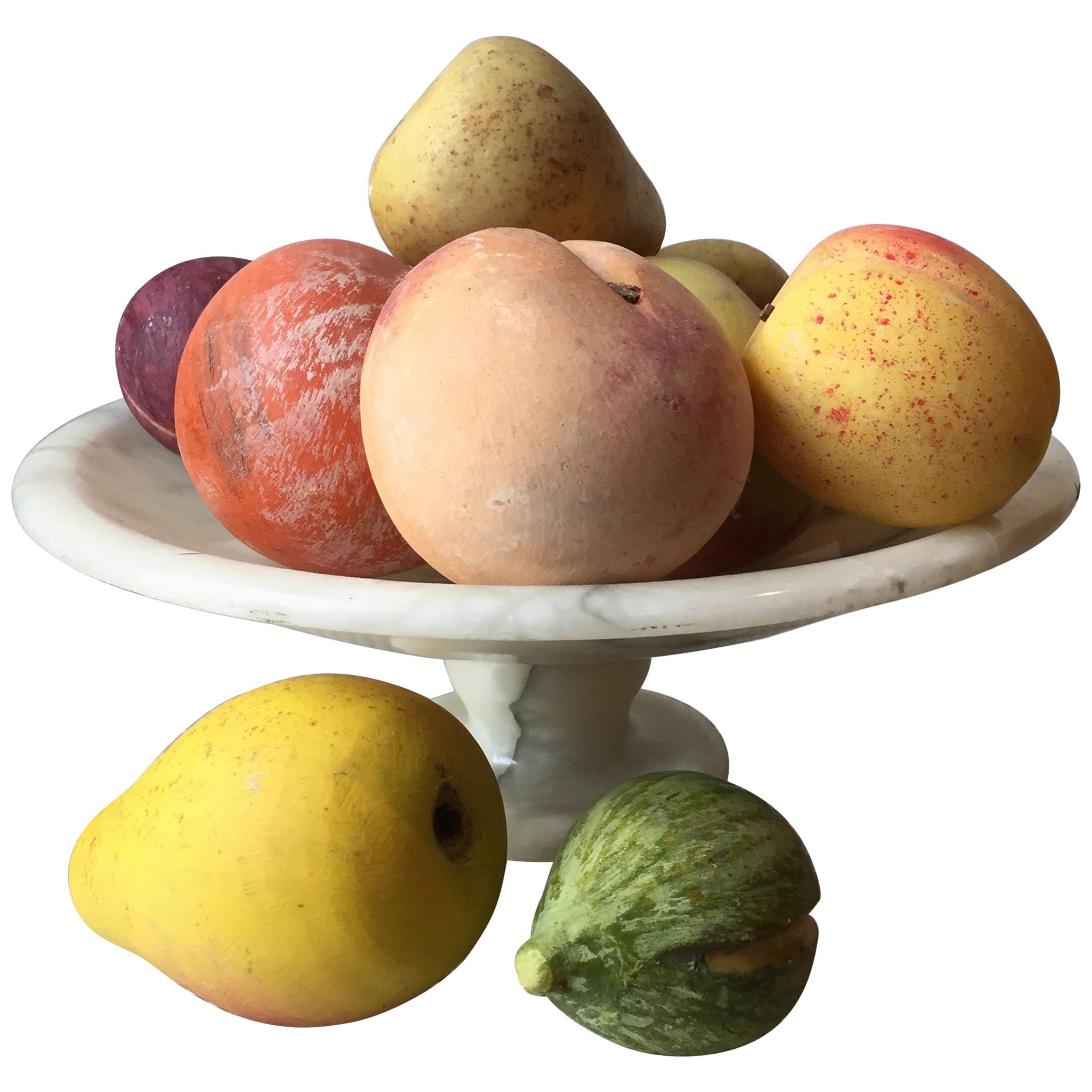Collection of 19th Century Italian Carved Marble Fruit in a Marble Tazza