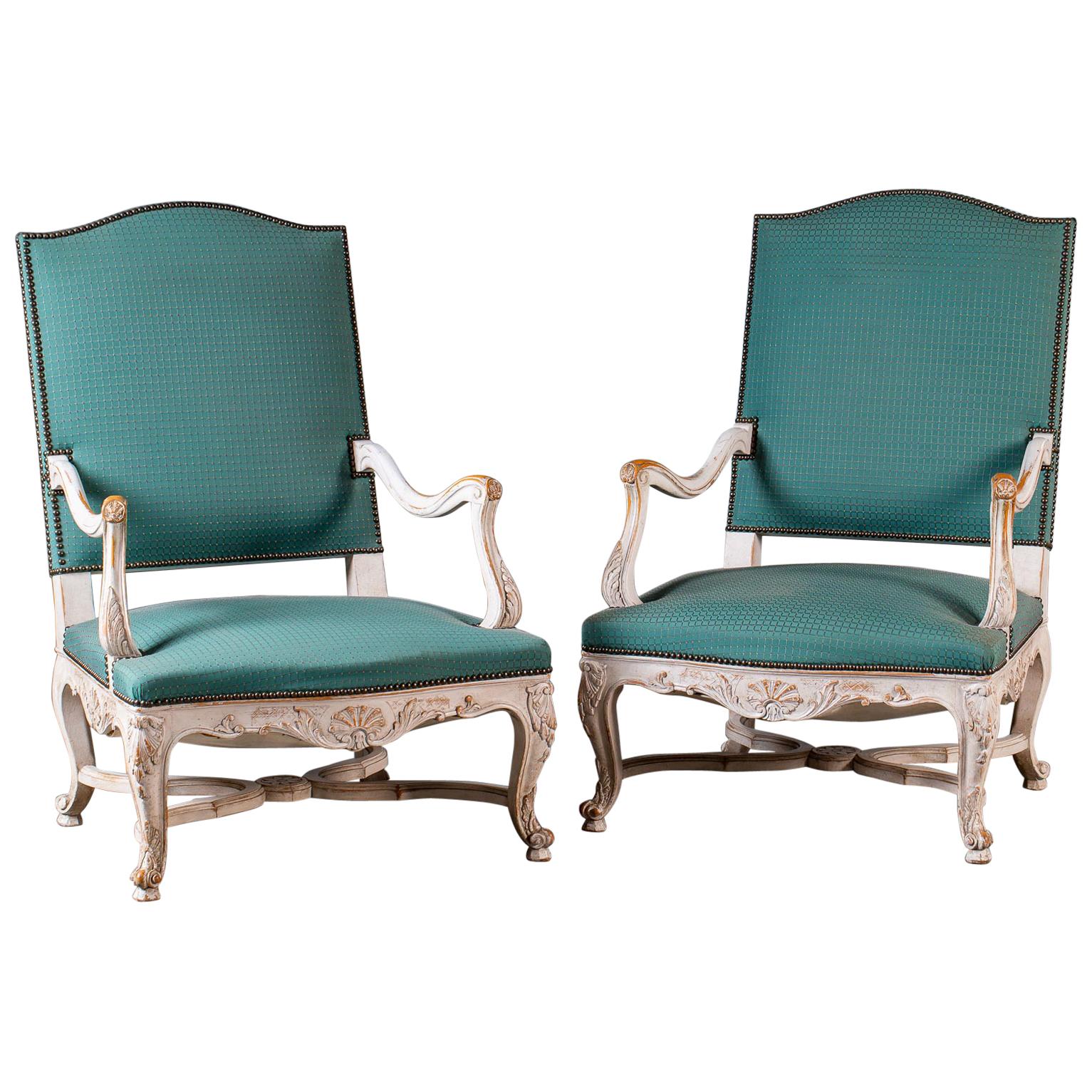 Pair Louis XV Régence Vintage French Painted Arm Chairs Fauteuils, circa 1920 For Sale