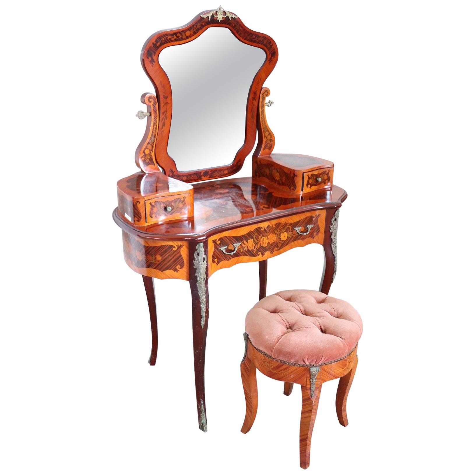 20th Century Italian Louis XV Style Inlay Wood Dressing Table with Stool