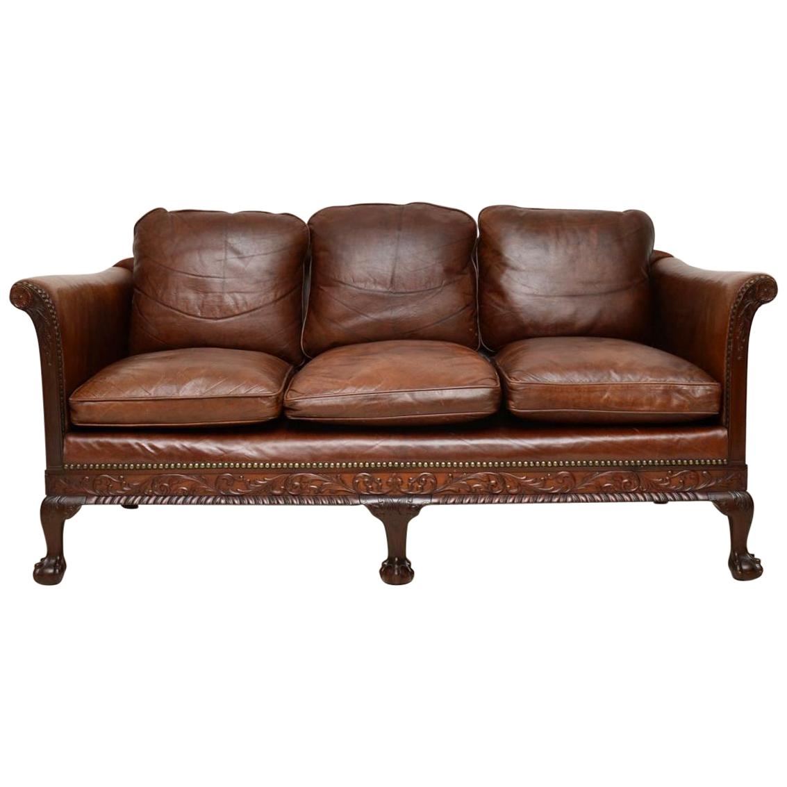 Antique Swedish Leather and Mahogany Sofa