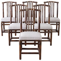 Set of Six McGuire Bamboo Rattan Linen Dining Chairs