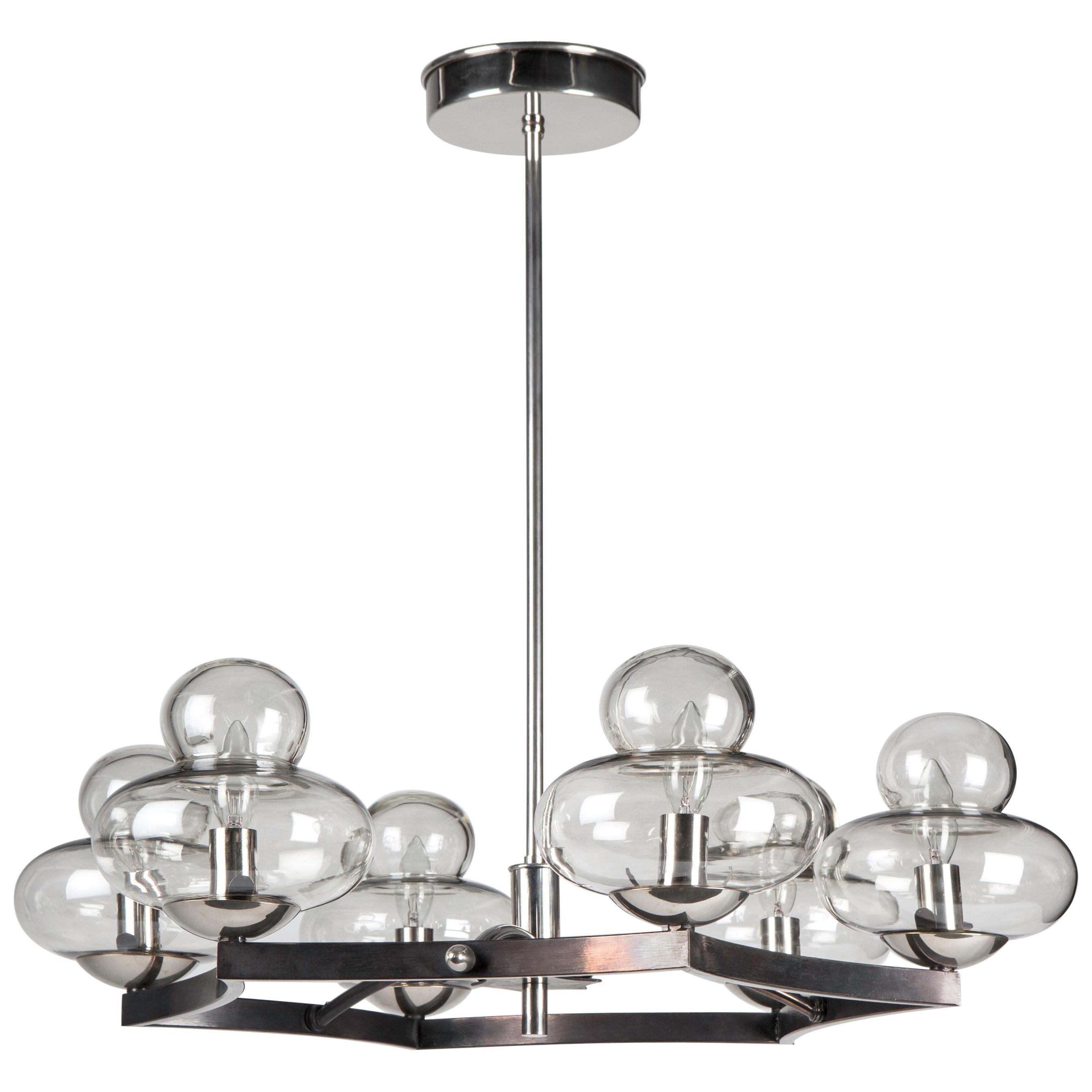 Lampadario a stella in vetro soffiato e acciaio annerito della modernità di metà secolo, circa 1950 in vendita