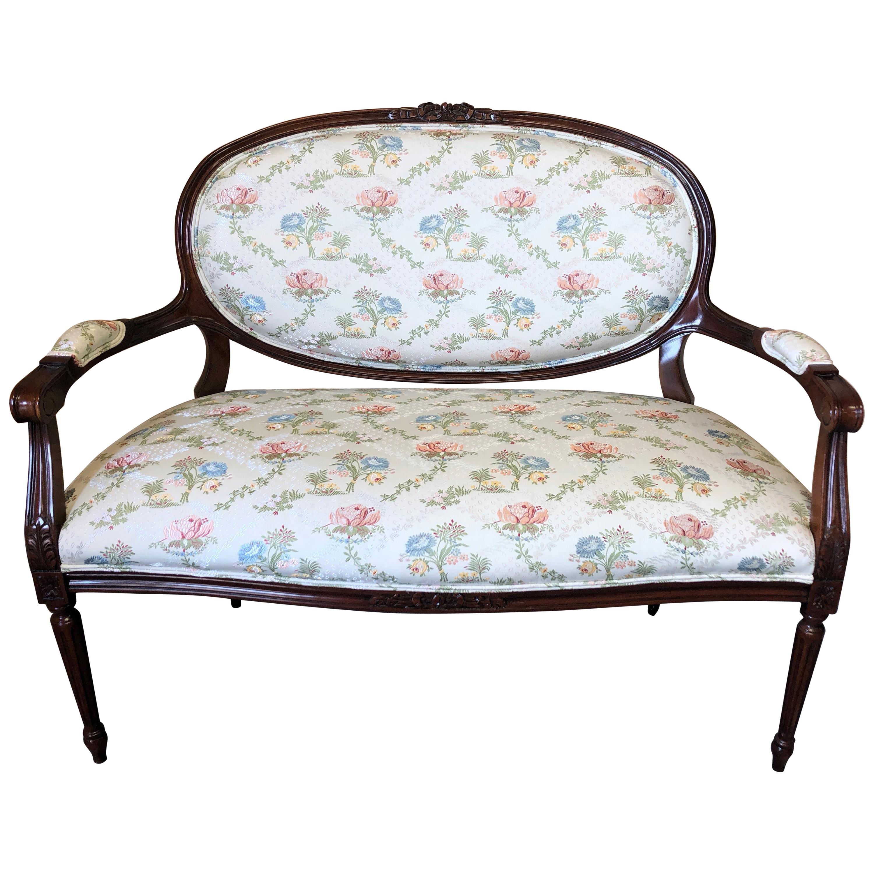 Classic Fruitwood Loveseat by Henredon with Lovely Floral Upholstery