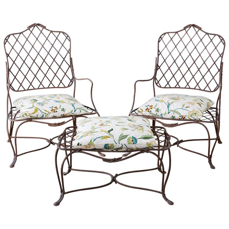 Pair of Iron Faux Bois Garden Lounge Chairs with Ottoman