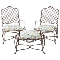 Vintage Pair of Iron Faux Bois Garden Lounge Chairs with Ottoman