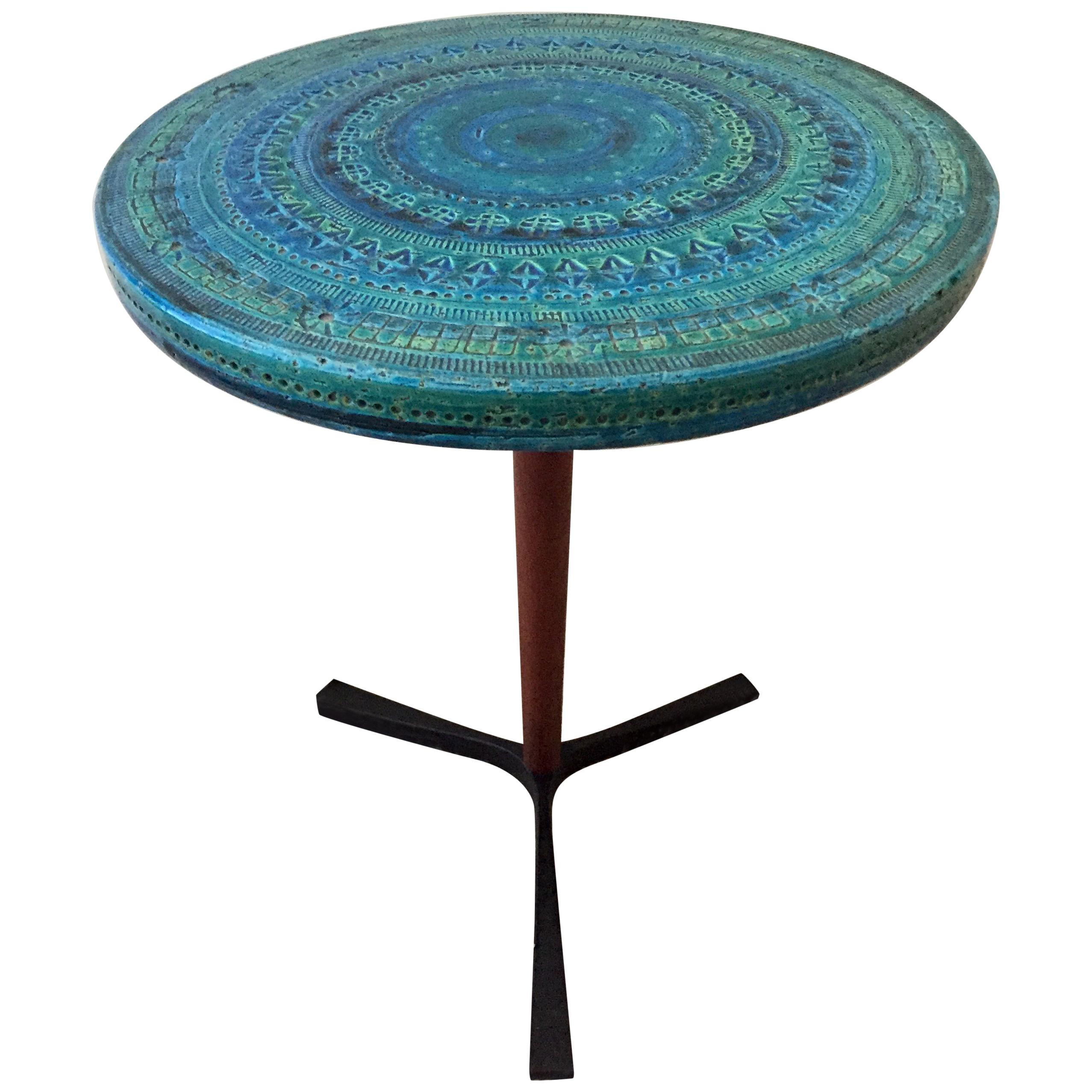 Aldo Londi Bitossi Blue Ceramic Teak Table