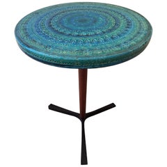 Table en teck Aldo Londi Bitossi en céramique bleue