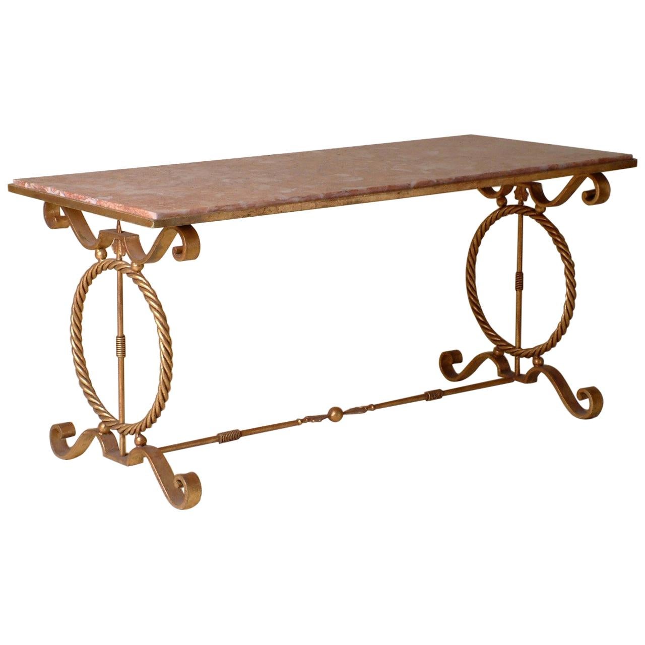 1940s Andre Arbus-Style Gilt Forged Iron Coffee Table with Original Marble Top For Sale