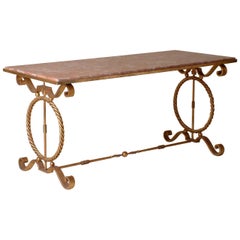 1940s Andre Arbus-Style Gilt Forged Iron Coffee Table with Original Marble Top