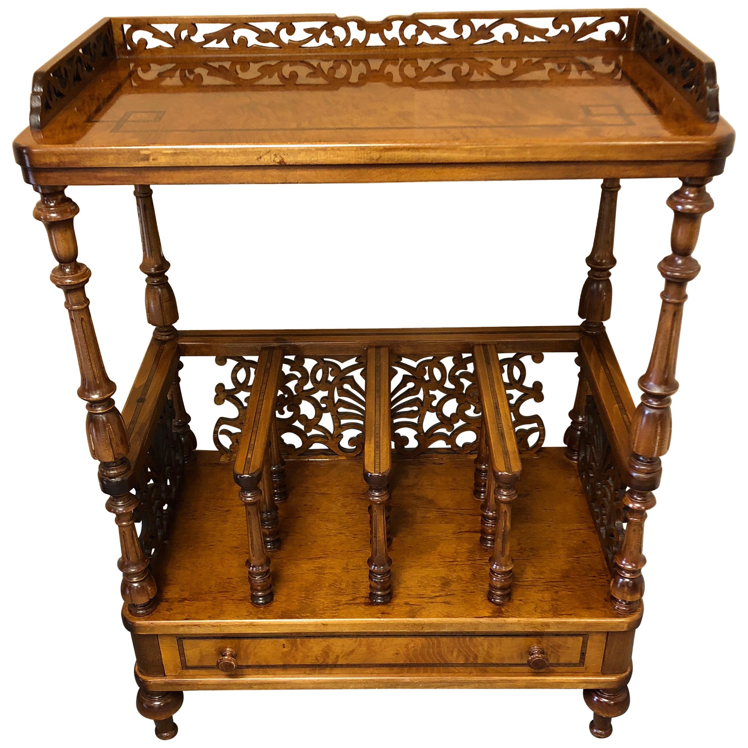 Carved Burl and Inlaid Rho Mobili Canterbury Magazine Rack with Single Drawer