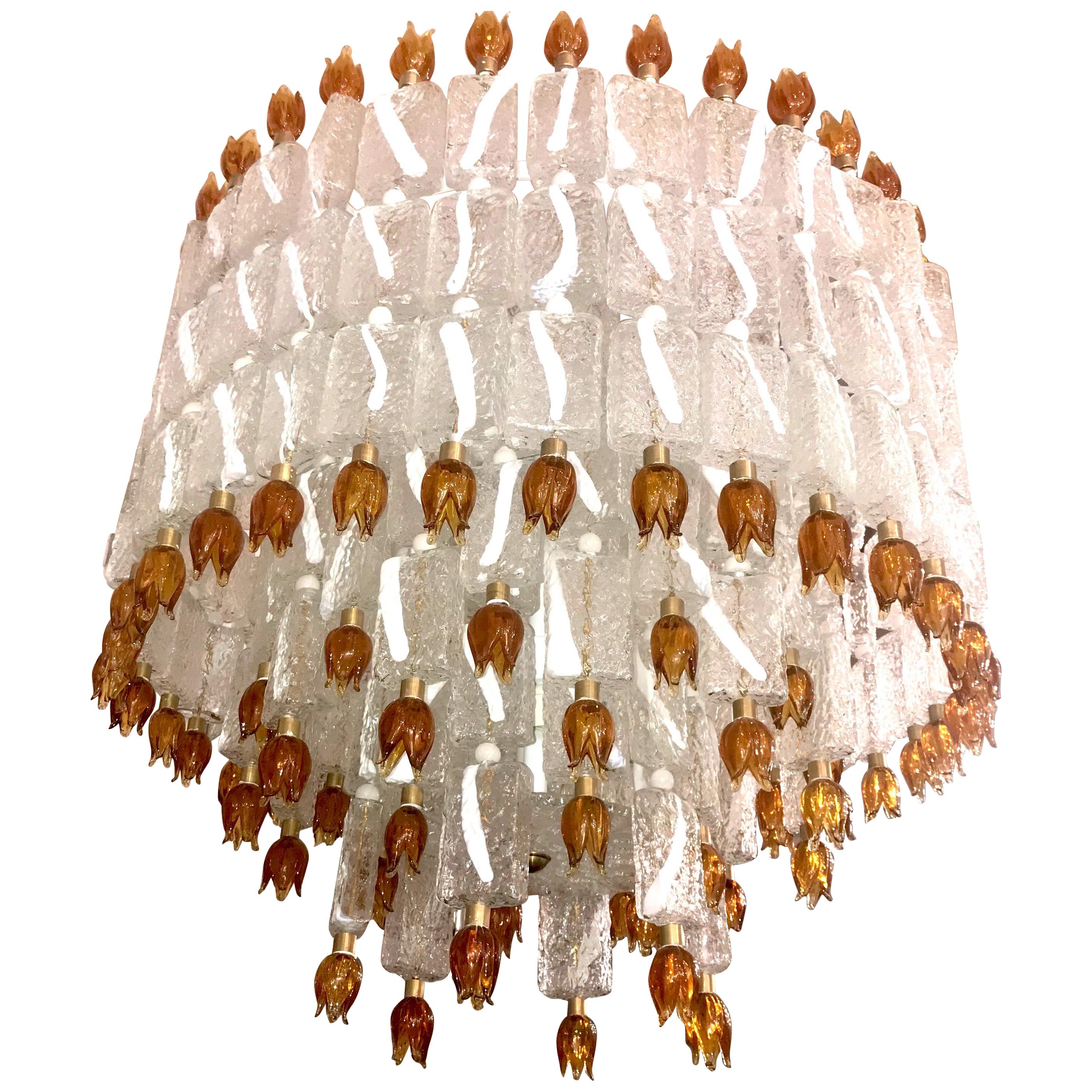 Barovier & Toso Murano Glass Blocks with Gold Rosettes Chandelier, 1940
