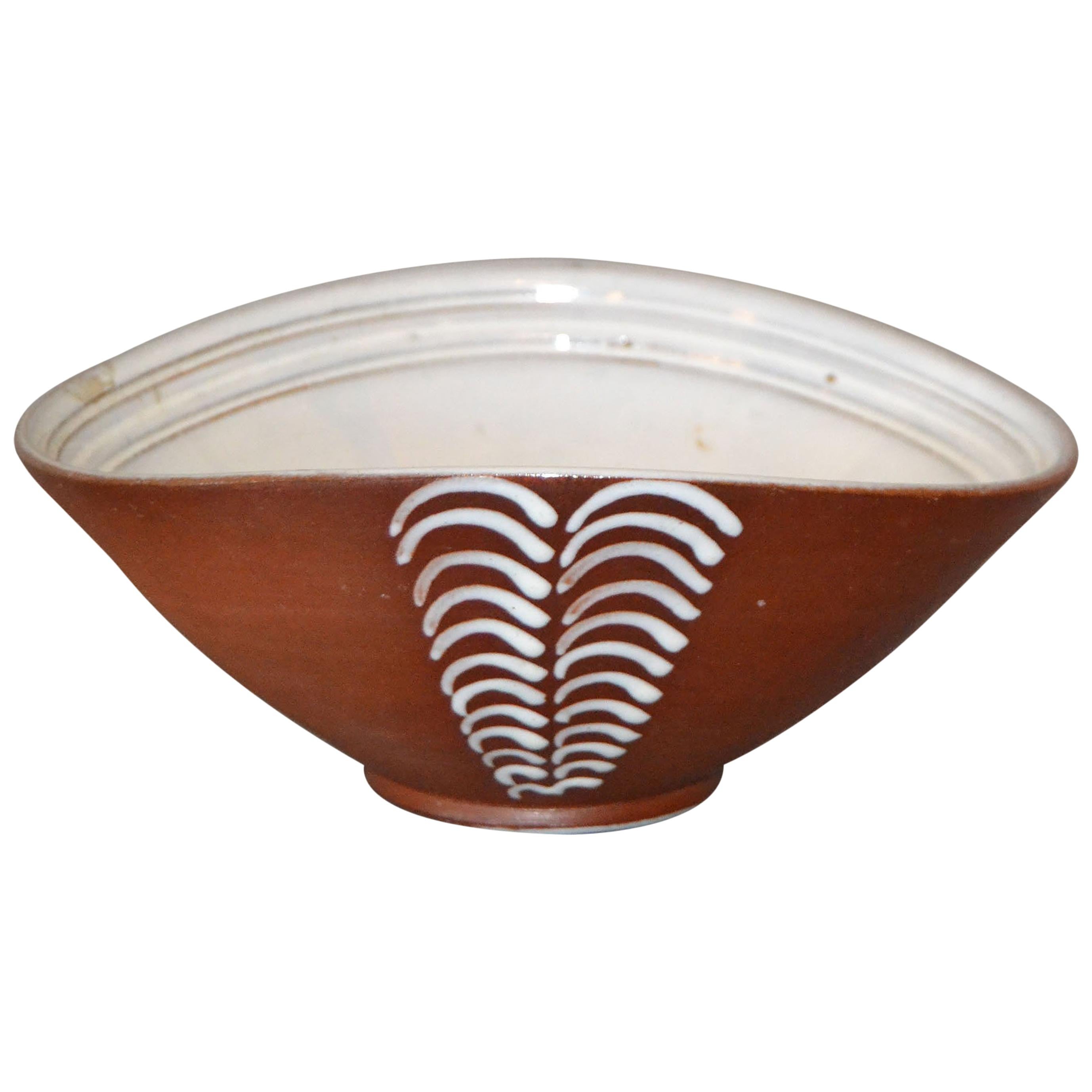 Vintage Scandinavian Modern Art Pottery Decorative Bowl in Brown & White Norway 