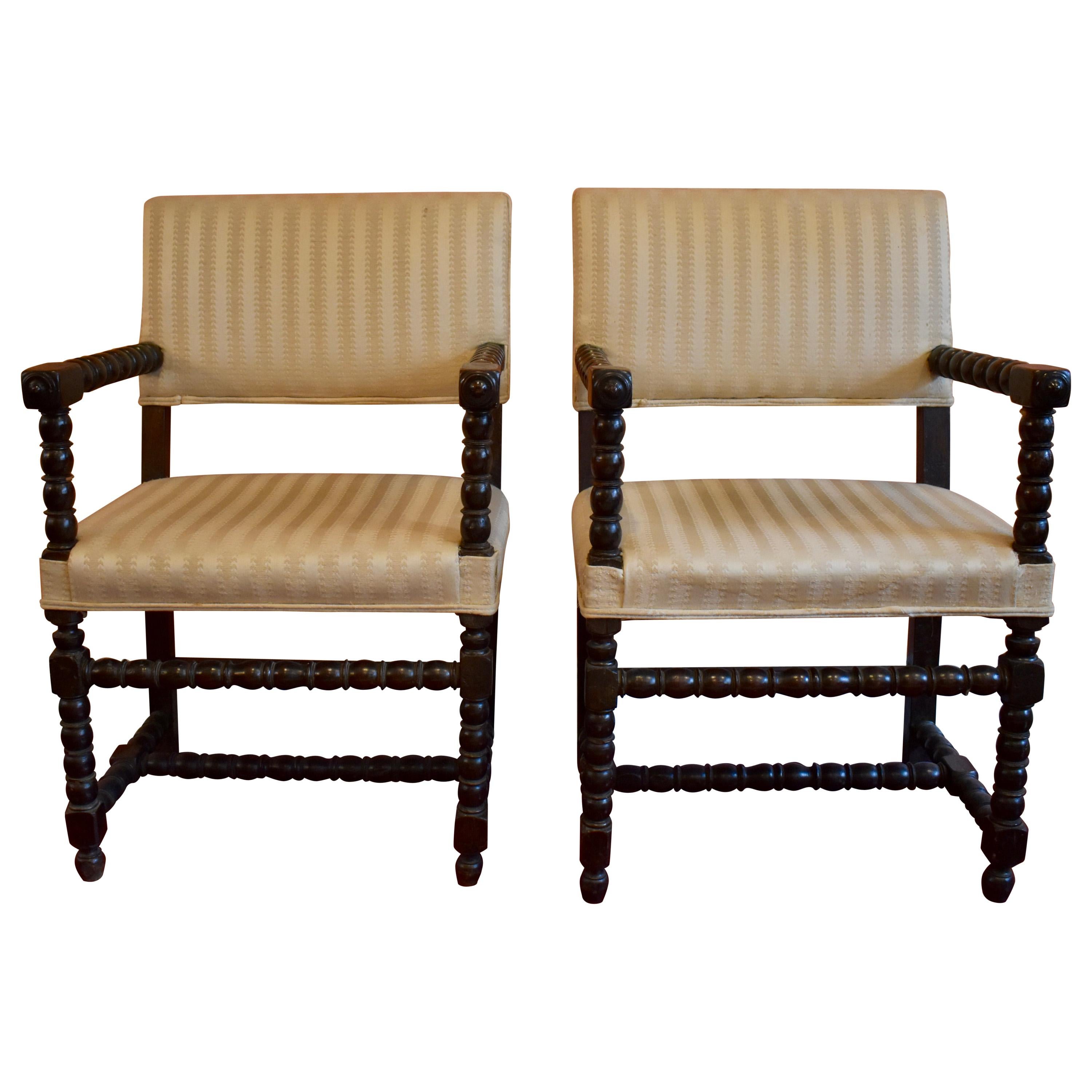 19th Century Dutch Colonial Ebonized Spindle Turned Wood Side Chairs, a Pair