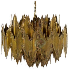 Mid Century Modern Brutalist Torch Cut Brass Chandelier By Tom Greene