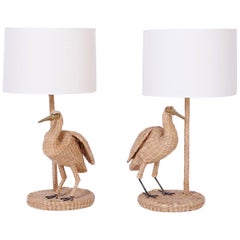 Folky Pair of Mario Lopez Torres Wicker Egret Table Lamps