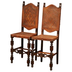 Antique Pair of 19th Century Spanish Carved Walnut Bar Stools with Original Leather