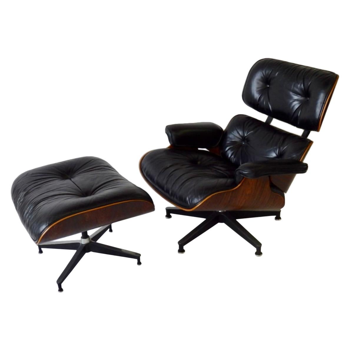One Owner Estate Charles and Ray Eames Black Leather Lounge Chair with Ottoman