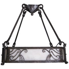 Original French hand hammered iron and alabaster rectangular chandelier- Schenck
