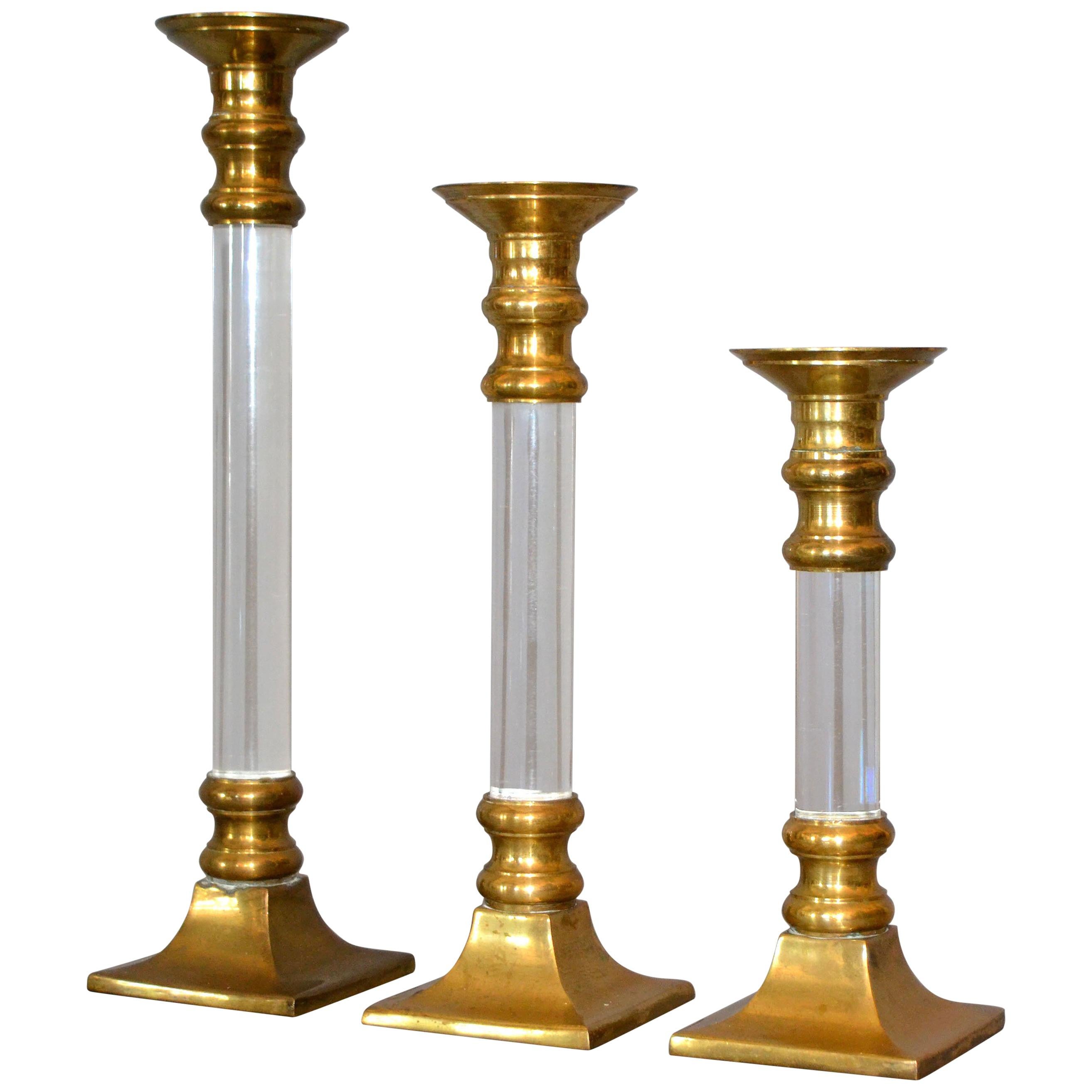Mid-Century Modern Lucite and Brass Candle Holders or Candlesticks, Set of 3 