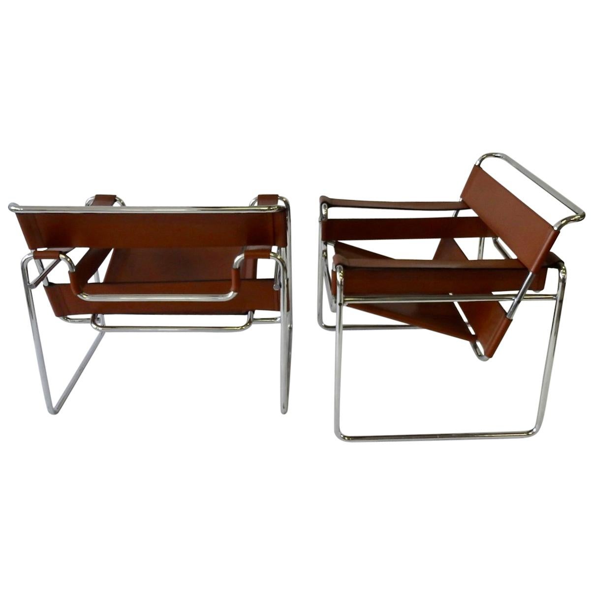 Pair of Marcel Breuer for Stendig Chrome Frame with Leather Wassily Chairs