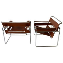 Pair of Marcel Breuer for Stendig Chrome Frame with Leather Wassily Chairs