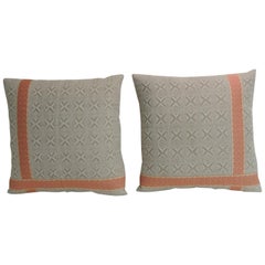 Pair of Vintage Woven Swedish Decorative Pillows with Ribbon Accents