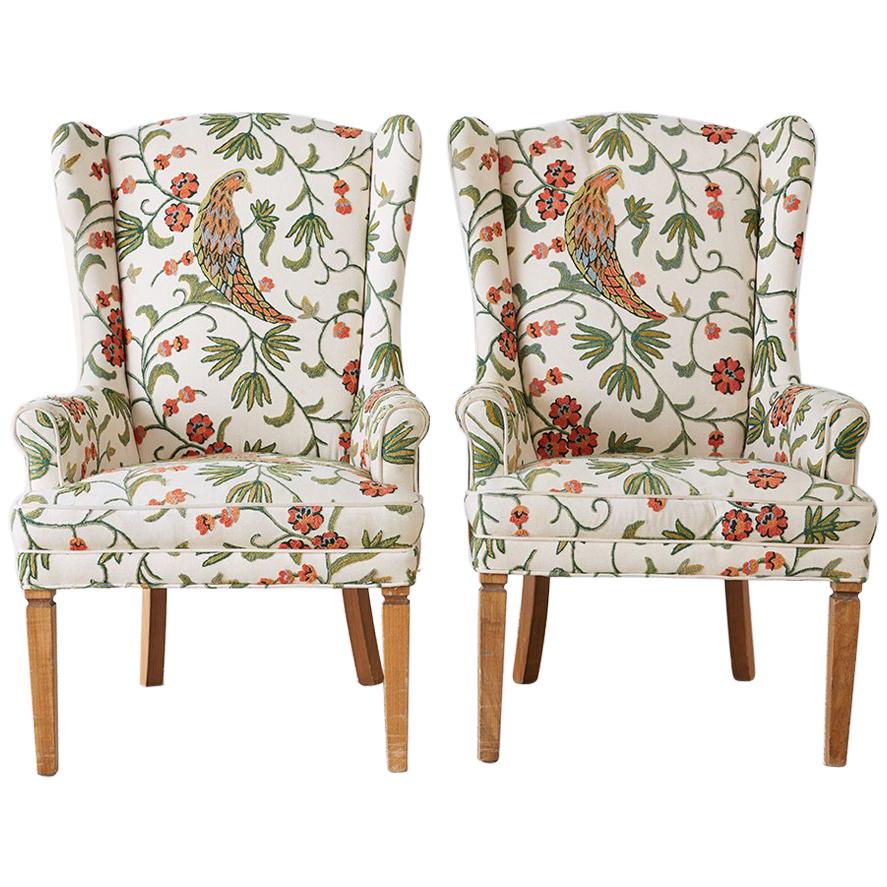 Pair of English Style Crewel Work Wing Chairs