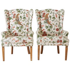 Vintage Pair of English Style Crewel Work Wing Chairs