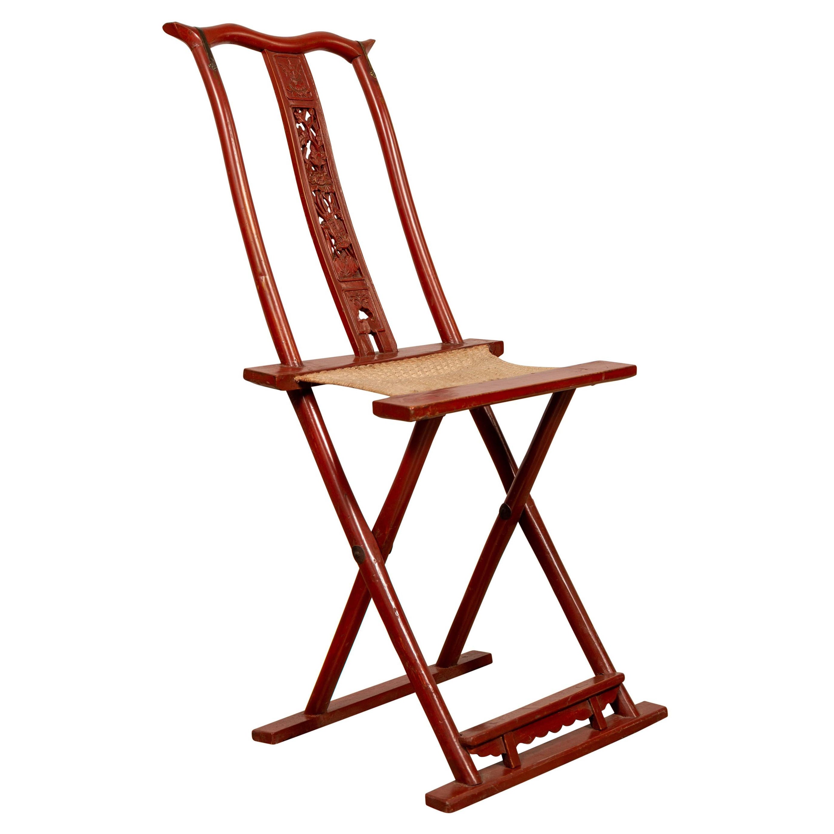 Antique Red Lacquered Folding Traveller’s Chair with Footrest and Fabric