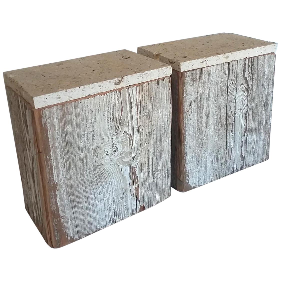 Pair of Reclaimed Wood Side Table with Limestone Tops