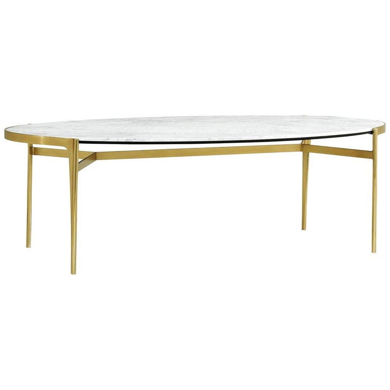Italian Calcutta Marble Dining Table in Satin Gold Brass For Sale at
