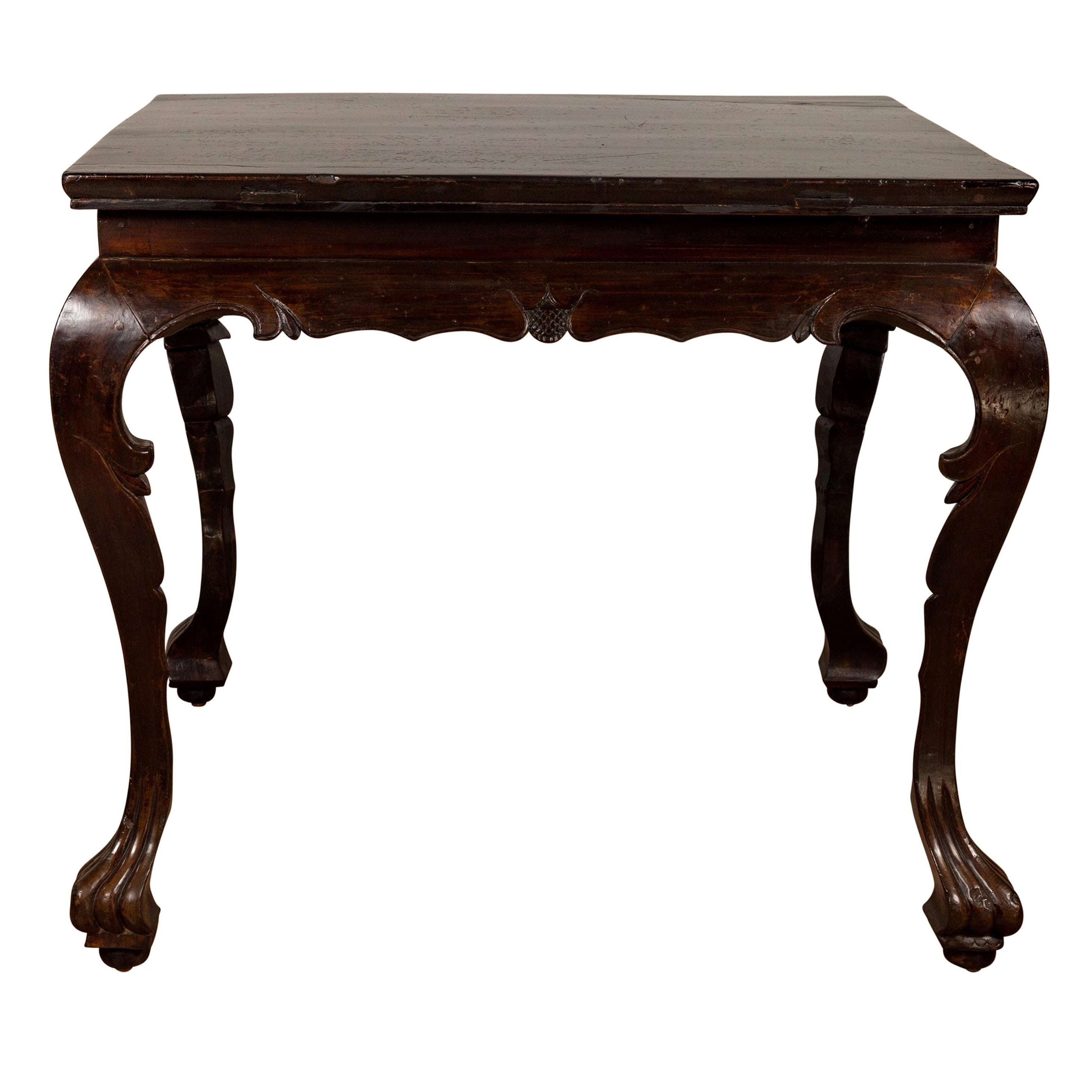 Antique Center Hall Table with Black Lacquered Top and Cabriole Legs