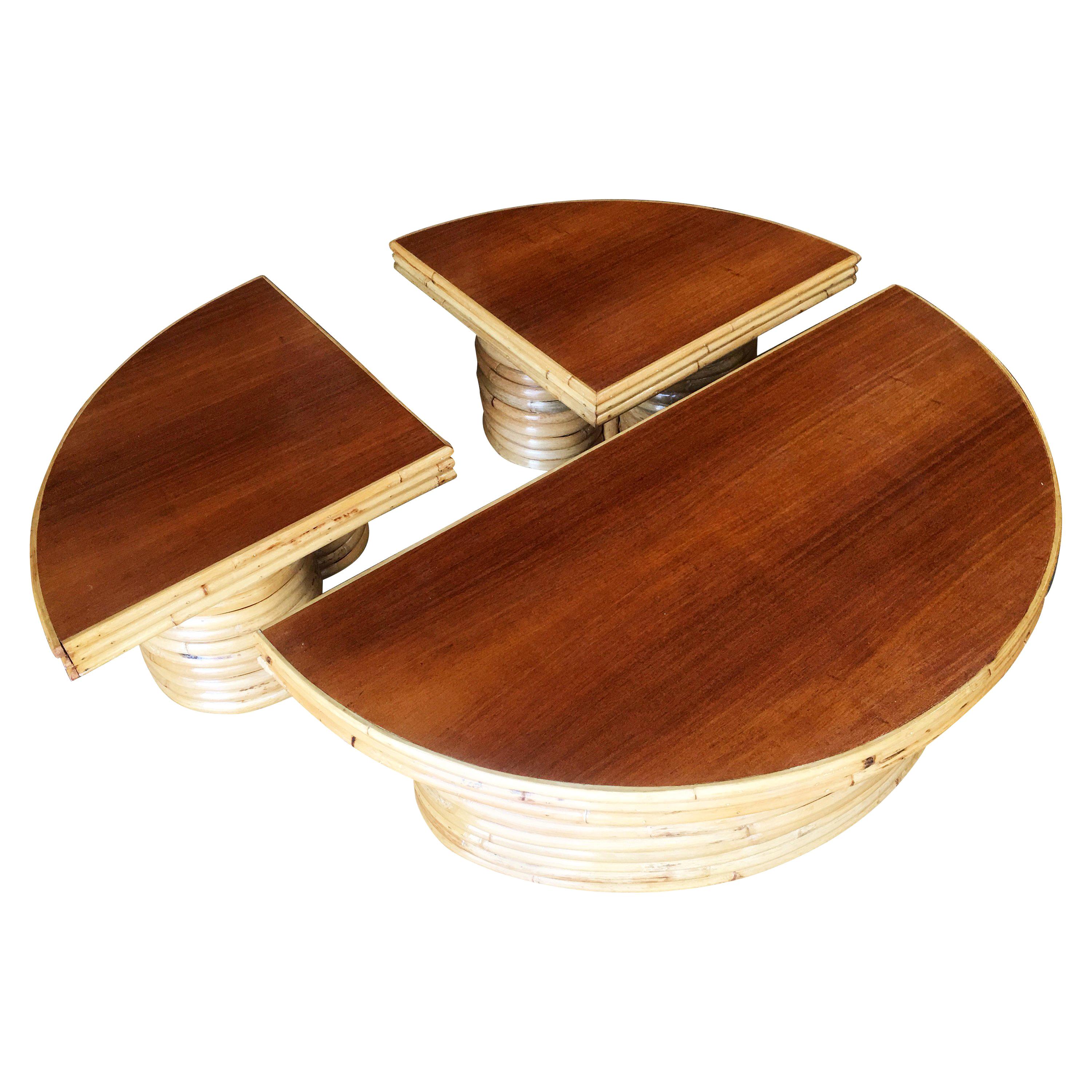 Restored Rare Round "Pie" Sectional Coffee Table with Mahogany Top at