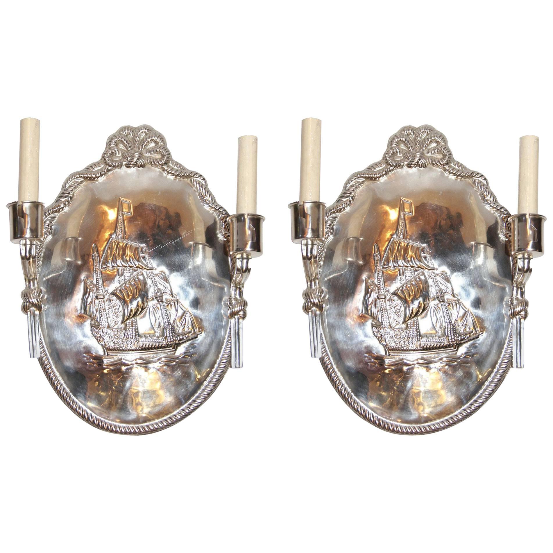Set of Nautical Oval Silver Plated Sconces, Sold per Pair For Sale