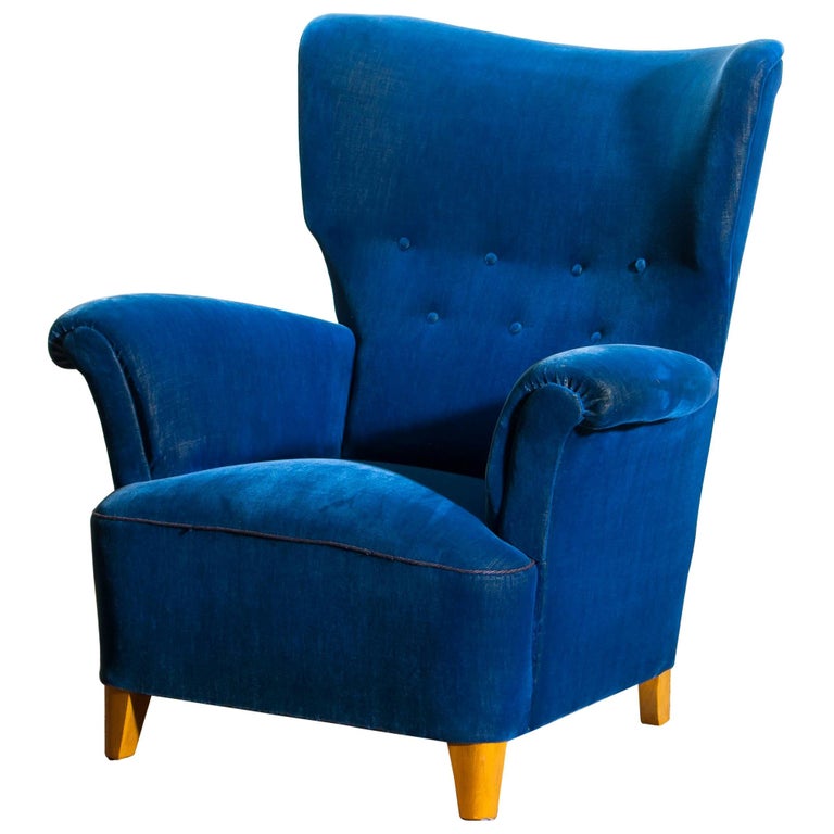 Scandinavian Royal Blue Velvet Wingback Chair, 1930-1940 For Sale at