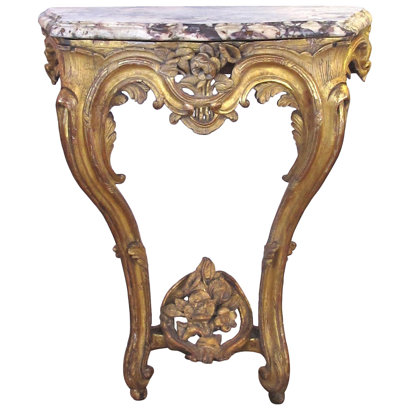 Well-Carved Italian Rococo Giltwood Wall Console with Calcutta Viola Marble Top