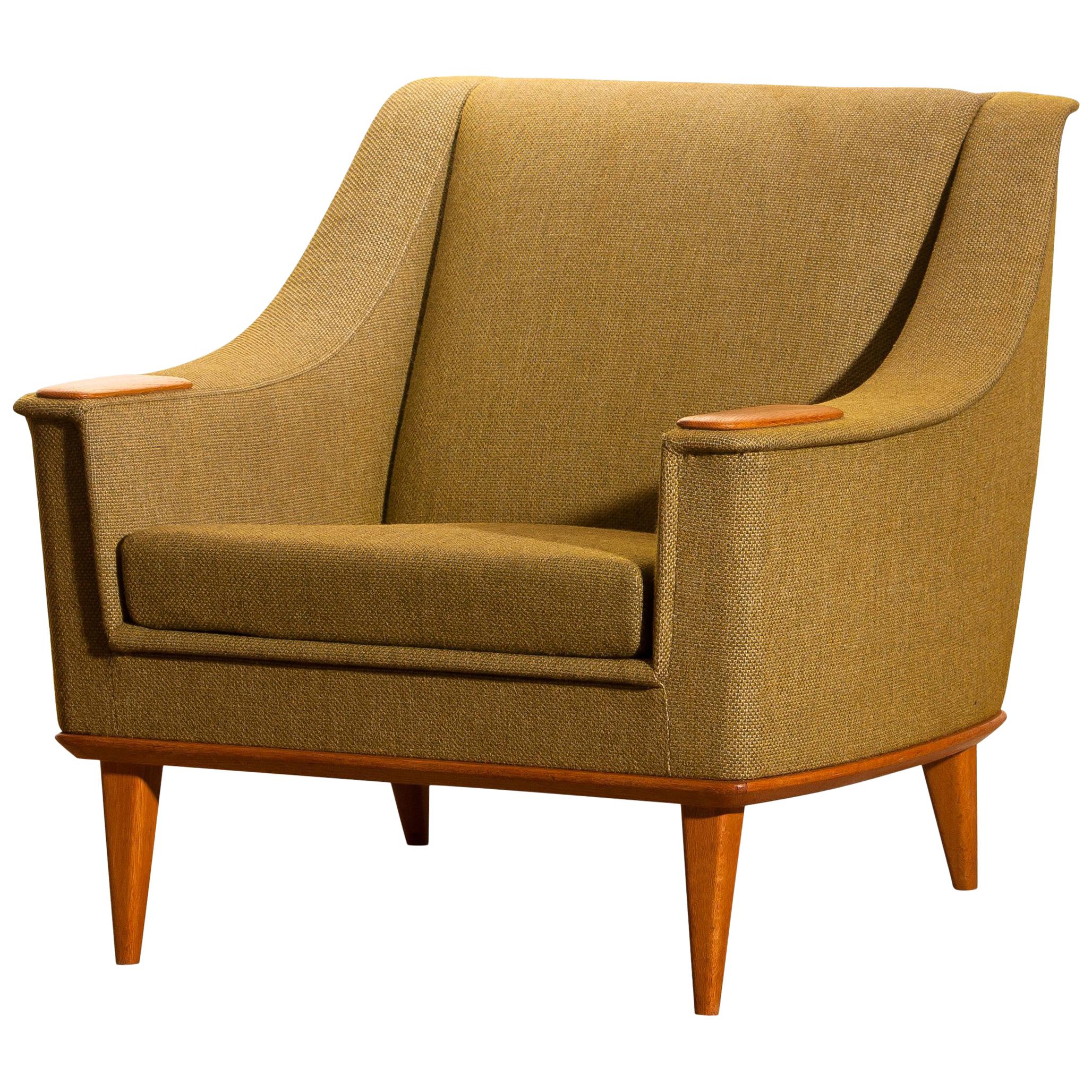 Green Upholstered Oak Lounge / Easy Chair by Folke Ohlsson for DUX, 1960, Sweden