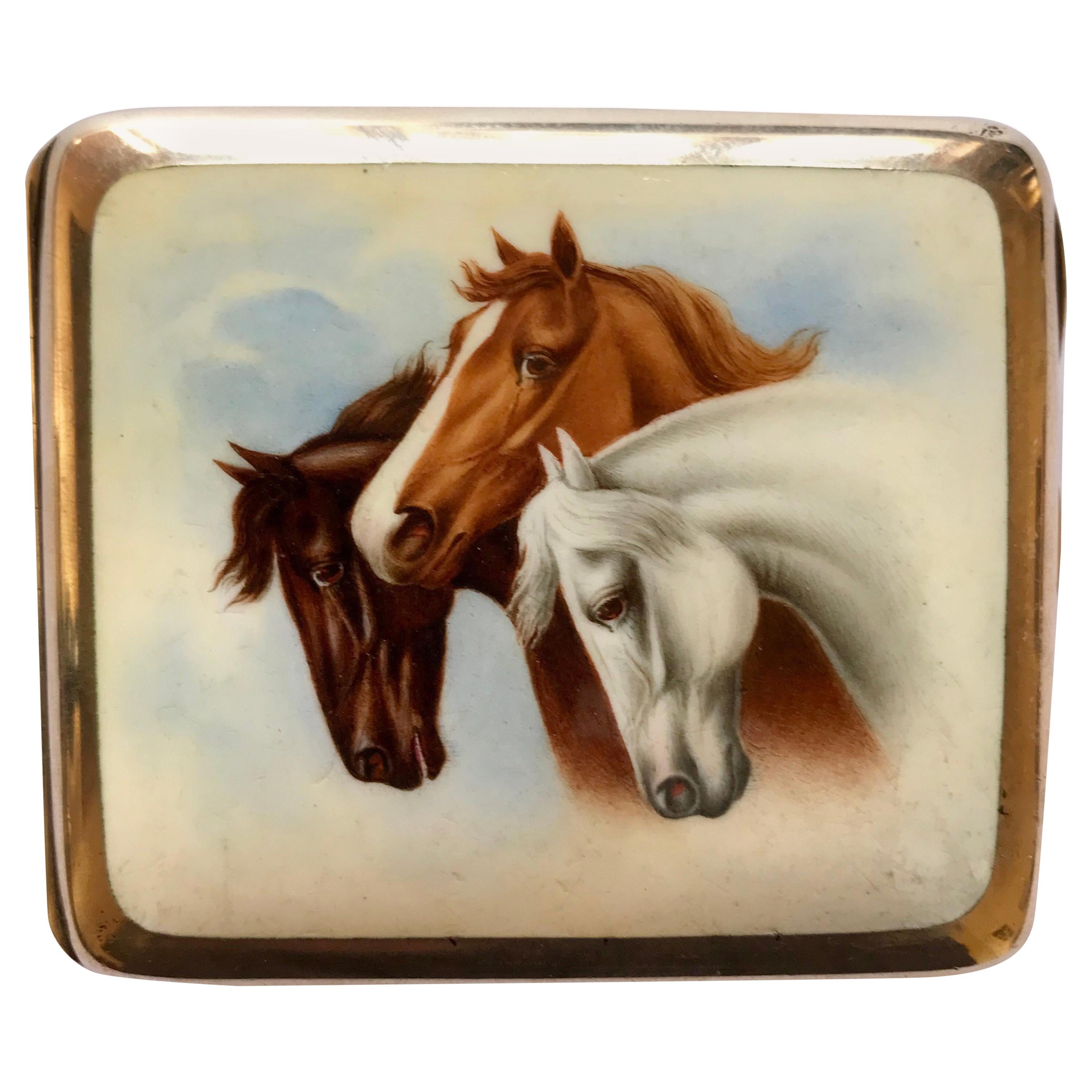 Antique Silver and Enamel Horses Cigarette Case