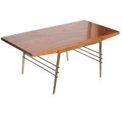 Midcentury Oak Coffee Table with Brass Architectural Base