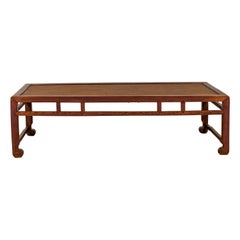 Chinese Long Coffee Table with Elmwood Patina, Scrolled Feet and Humpback Apron