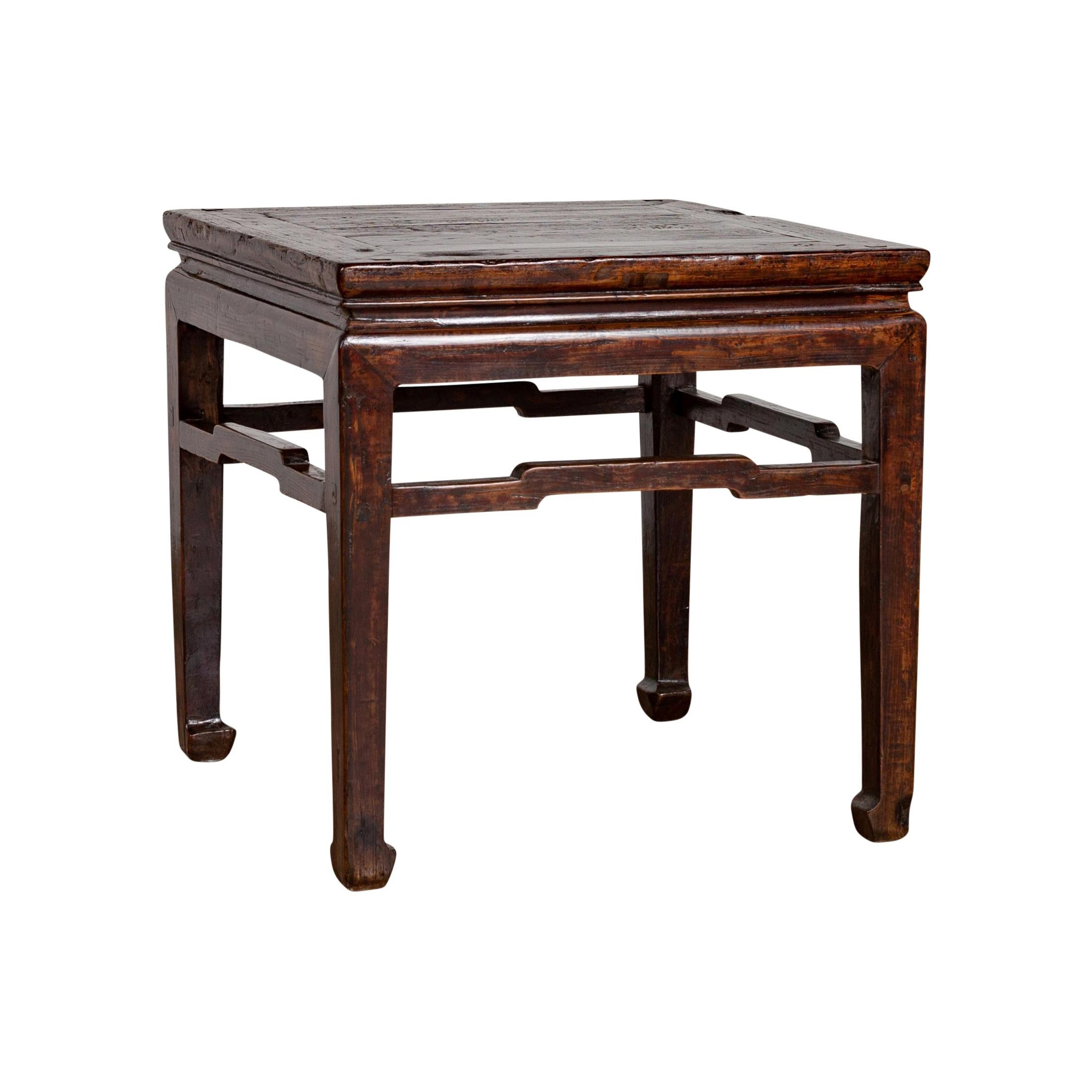 Chinese Vintage Ming Dynasty Style Side Table with Dark Patina and Stretchers