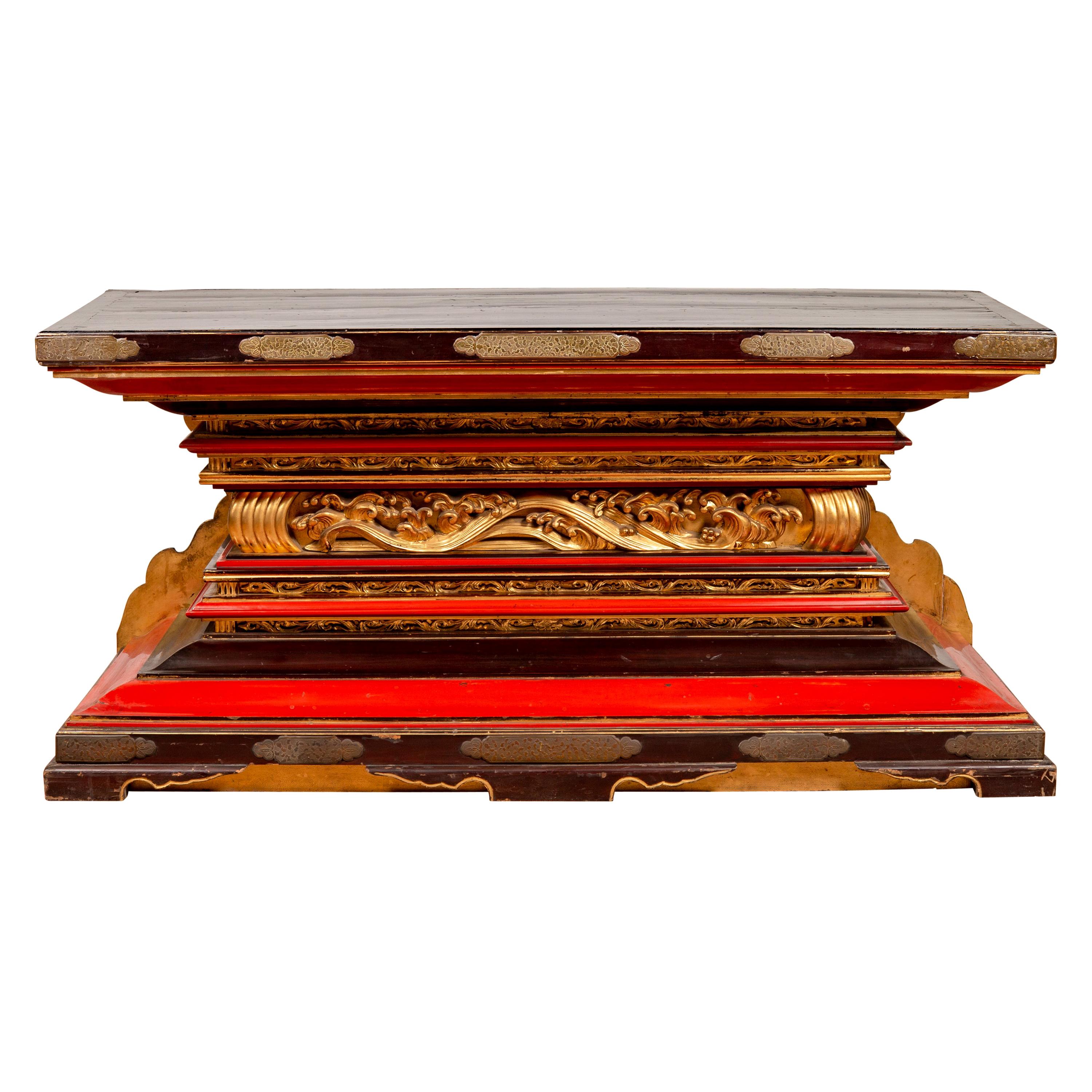 Japanese Meiji Lacquered Altar Shrine Table Base with Gold, Red and Black Motifs