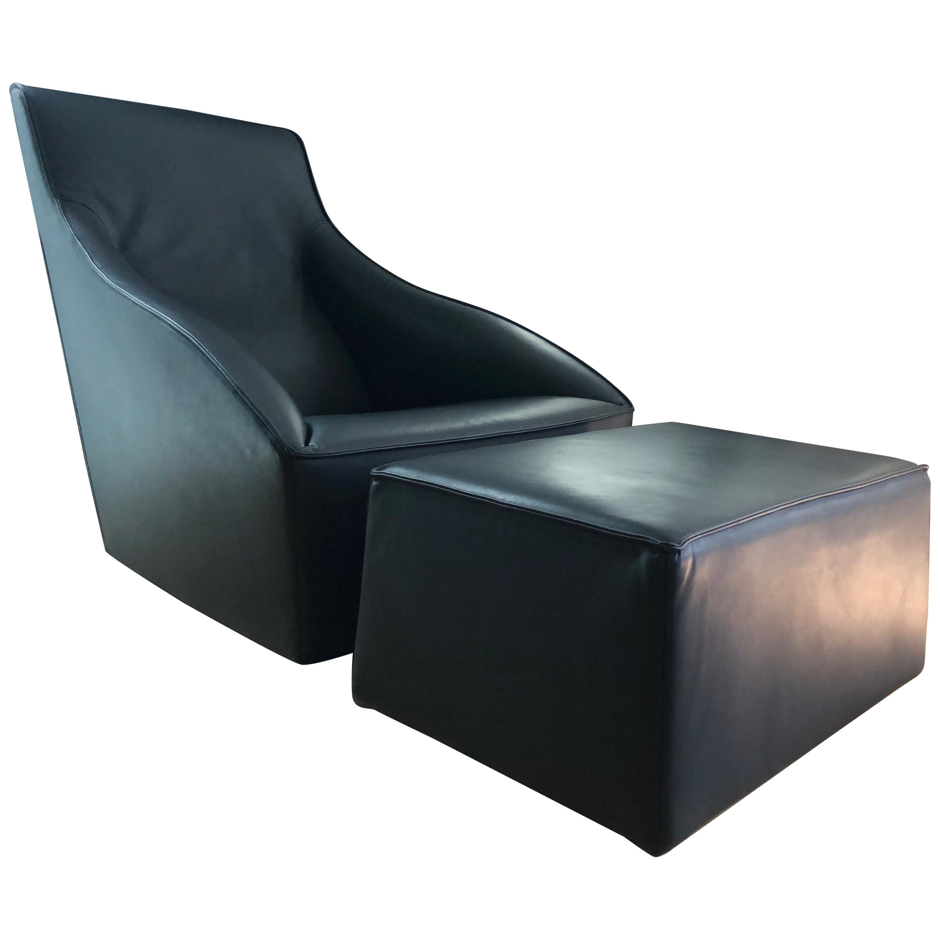 Molteni & C "Doda" Lounge Chair and Ottoman in Charcoal Leather For Sale